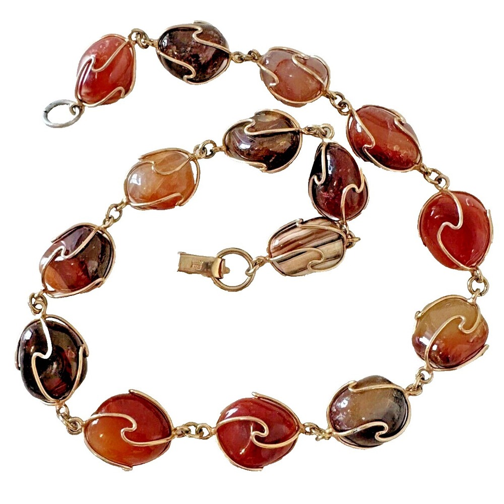 Agate Gemstone Necklace Boho Wire Wrapped Brown Orange Gold Signed Crown MS